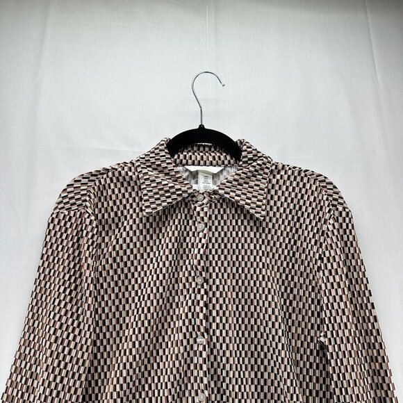 H&M Top Womens Size M Geometric Textured Jersey Button Front Long Sleeve Brown - Picture 3 of 12